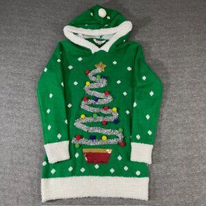 NWOT Kids Ugly Christmas Tree Sweater Holiday Garland Hood S Small 3/5 Dress